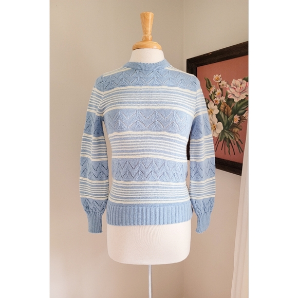 70s Pointelle Long Sleeve Cutwork 1970s Vintage Blue Striped Vintage Sweater - Picture 6 of 16